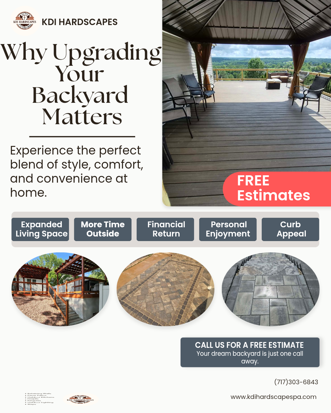 KDI Hardscapes backyard upgrade flyer showing a covered deck, patio, and steps, with free estimates at (717) 303-6843