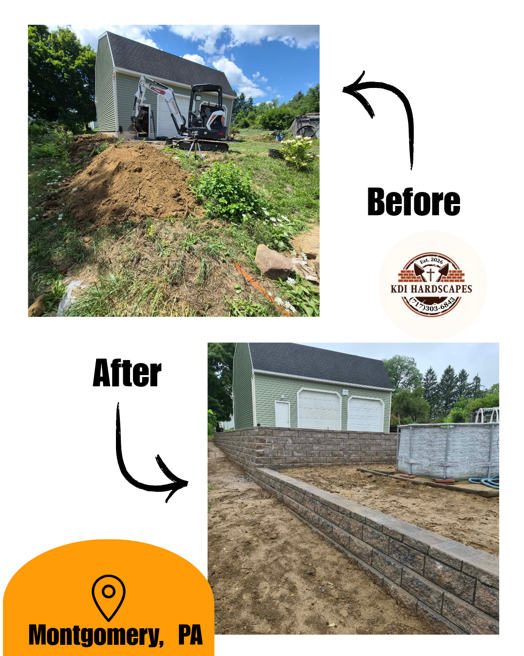 Before and after in Montgomery, PA: excavation beside a garage followed by tiered block retaining walls near a pool